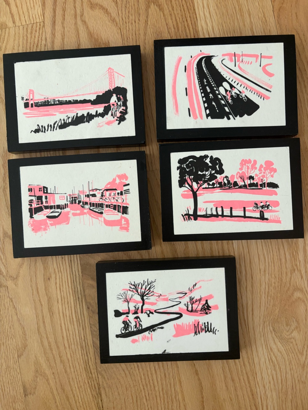Set of 5 5x7 Pink & Black Cycling Urban Scenic Wall Art Prints - Rapha